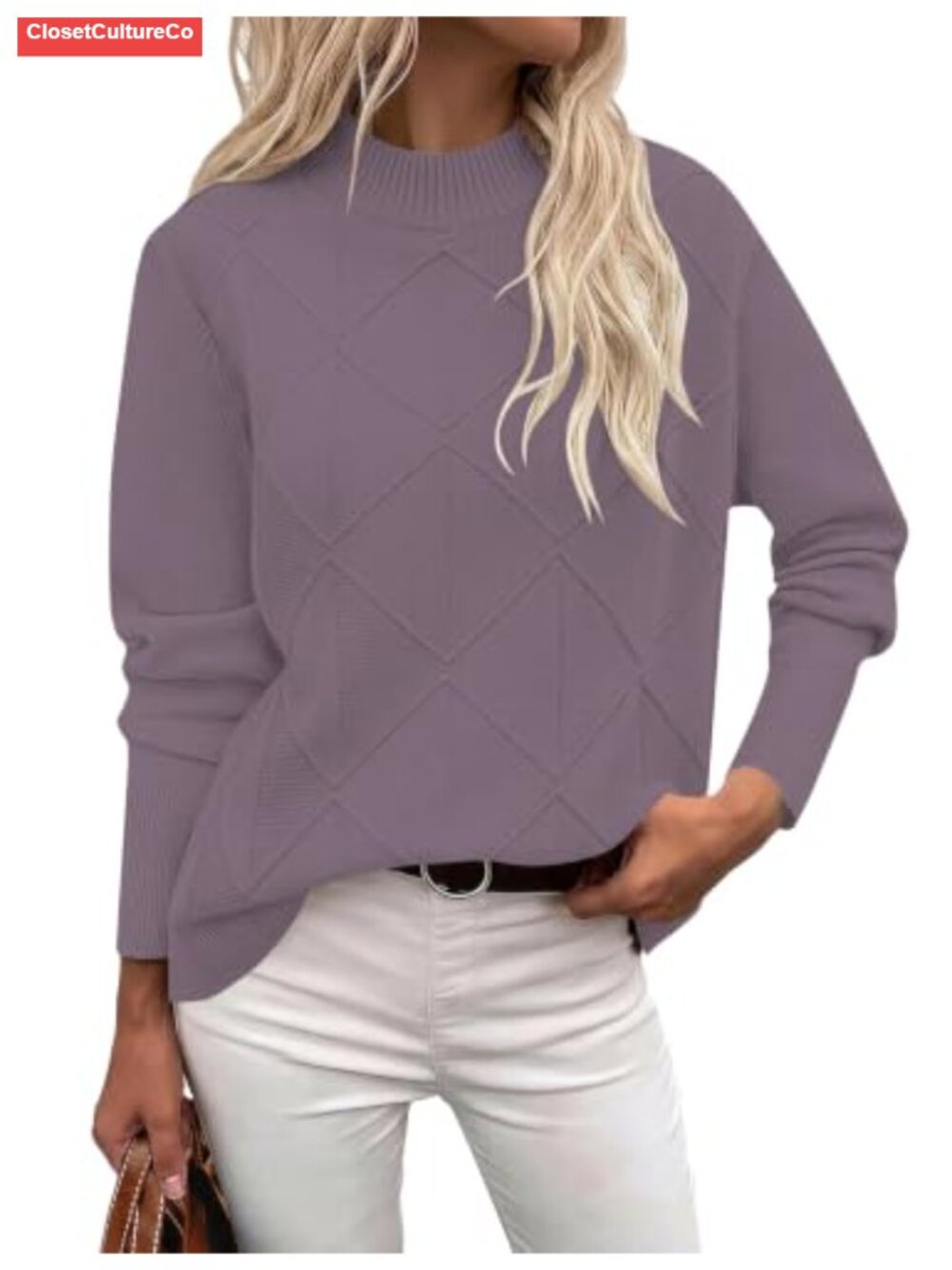 Mock Neck Cable Knit Sweater Long Sleeve Viscose Blend Pullover